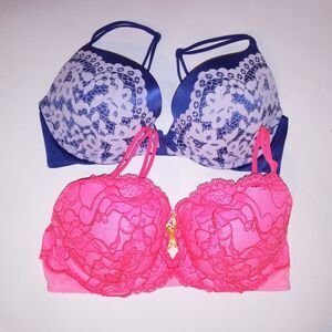 Set of 2 Victoria Secret Bra 32D Push Up Very Sexy Pink Purple Lace